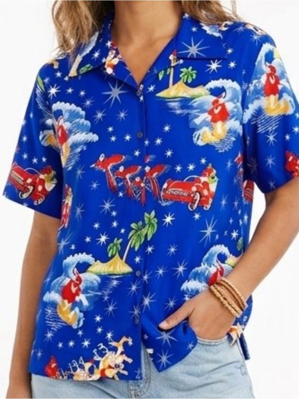 Christmas Hawaiian Blue Tropical Short-Sleeve Women’s Blouse Sz-XL. HH9